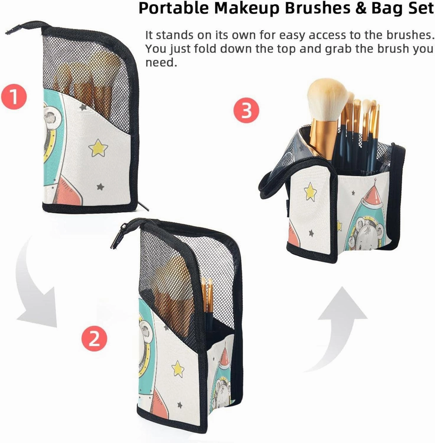 Makeup Brush Organizer Bag, Portable Travel Cosmetic Brush Case with 12 Makeup Brushes, Cute Cartoon Bear Flying in Rocket Foldable Makeup Cup for brushes, Eyebrow Pencil