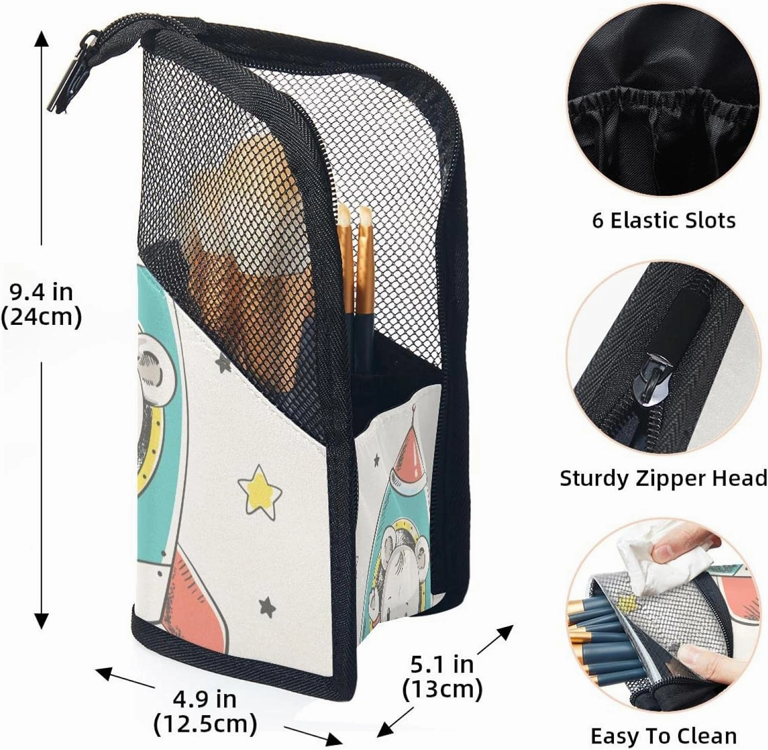 Makeup Brush Organizer Bag, Portable Travel Cosmetic Brush Case with 12 Makeup Brushes, Cute Cartoon Bear Flying in Rocket Foldable Makeup Cup for brushes, Eyebrow Pencil