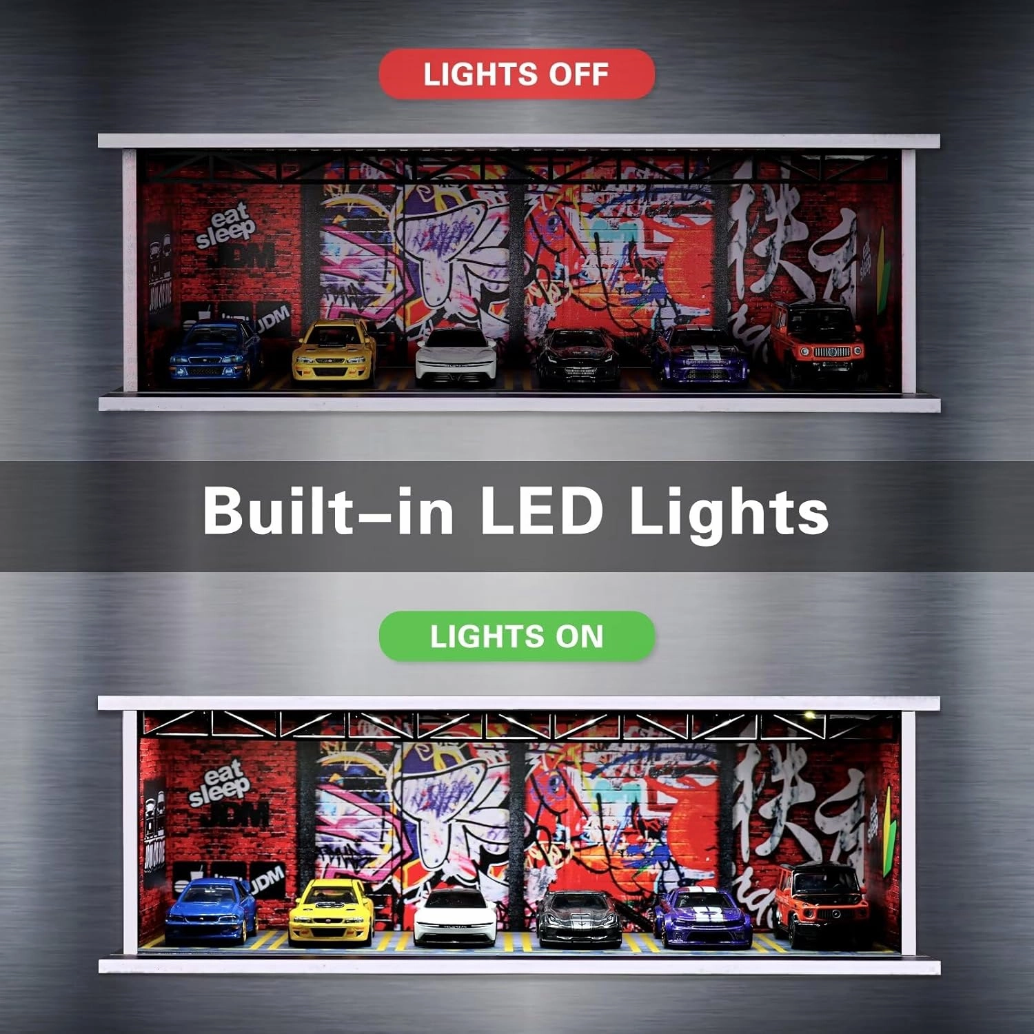 Malamfans 1/64 for Hot Wheels JDM Scenarios Display Case - 1/64 Scale die-cast Model car Display Box with LED Lights and Acrylic Cover, Divided into 1 Level, with 6 Parking Spaces