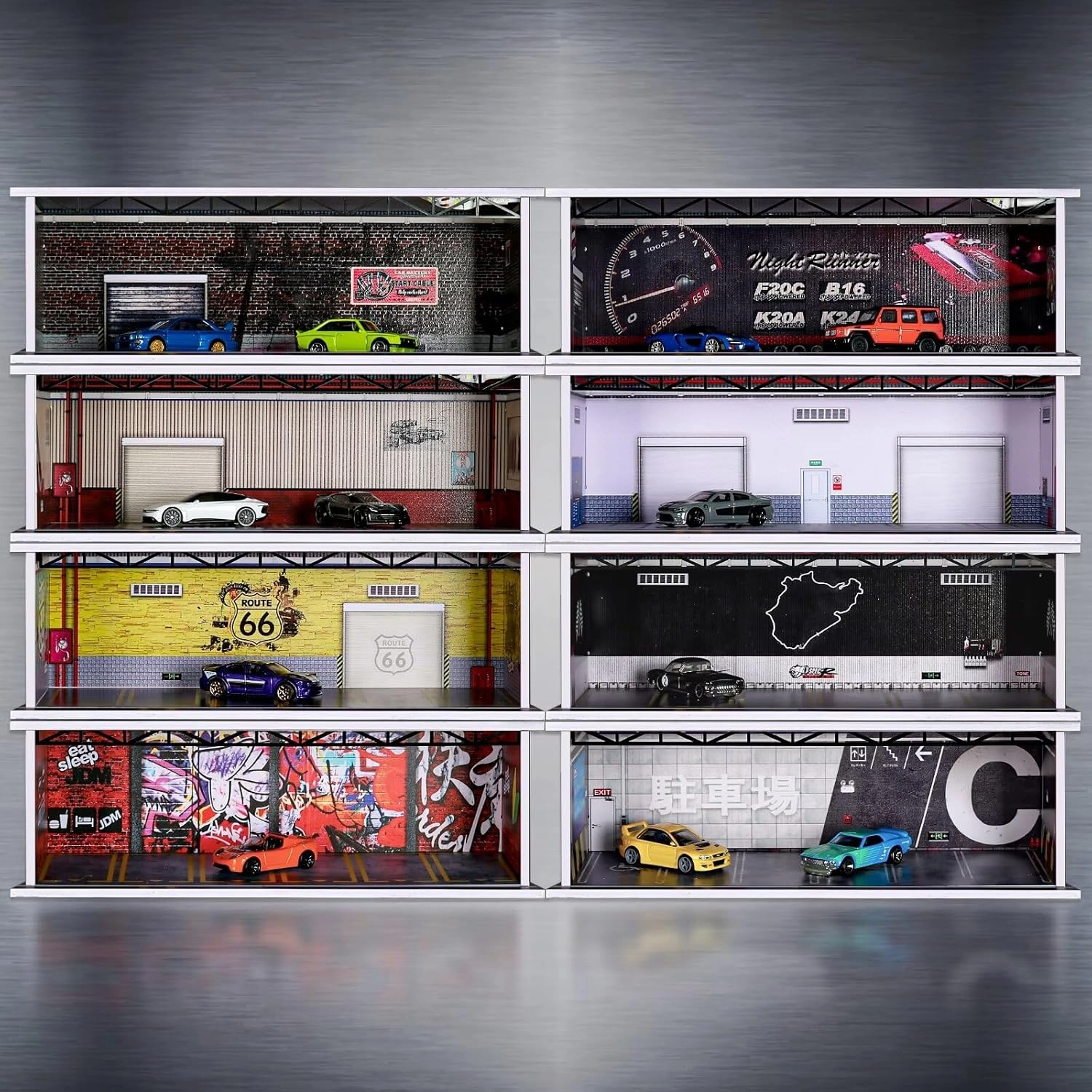 Malamfans 1/64 for Hot Wheels JDM Scenarios Display Case - 1/64 Scale die-cast Model car Display Box with LED Lights and Acrylic Cover, Divided into 1 Level, with 6 Parking Spaces