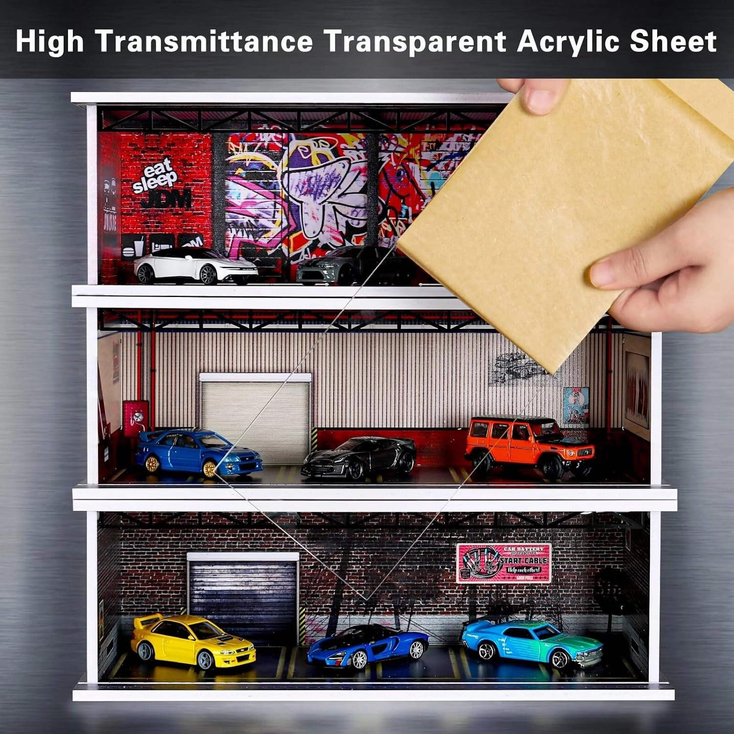 Malamfans 1/64 for Hot Wheels JDM Scenarios Display Case - 1/64 Scale die-cast Model car Display Box with LED Lights and Acrylic Cover, Divided into 1 Level, with 6 Parking Spaces