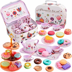 MAMPO 46PCS Tea Set for Little Girls, Princess Tea Time Pretend Kitchen Toy with Biscuits, Teapot, Cake, Dessert, Carrying Case, Donut for Kids Girls Boys