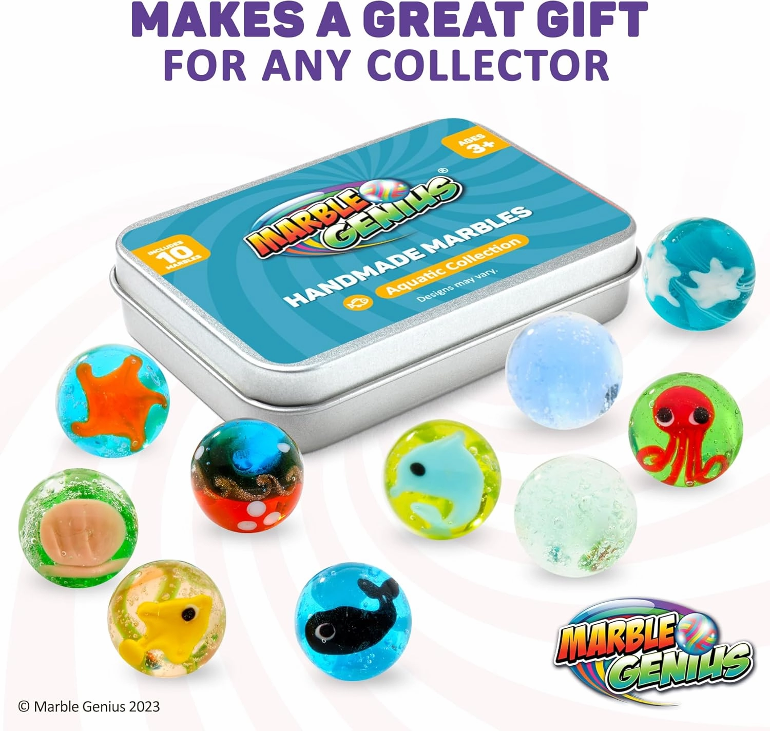 Marble Genius Collectors Marbles, Aquatic, 16mm (⅝ Inch), 10 Handmade Glass Marbles, Gifts for Marble Lovers, Gifts for Kids Ages 3 