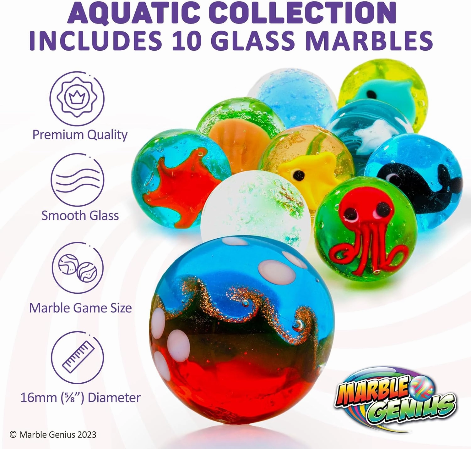 Marble Genius Collectors Marbles, Aquatic, 16mm (⅝ Inch), 10 Handmade Glass Marbles, Gifts for Marble Lovers, Gifts for Kids Ages 3 
