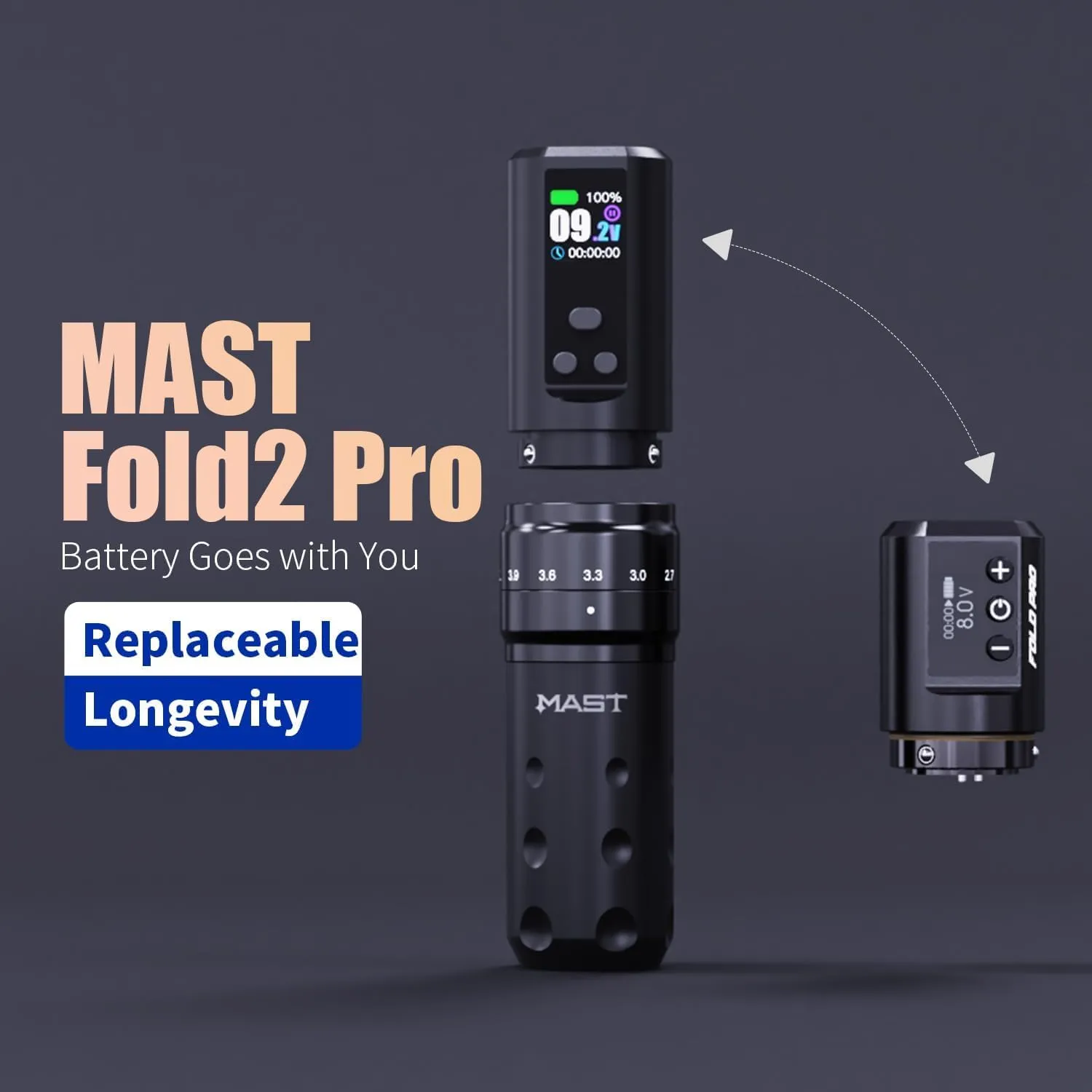 Mast Fold2 Pro Tattoo Kit, Wireless Complete Tattoo Gun Machine Kit, 2 Batteries 2000mAh Power Supply for Long Time, Needles Cartridges Black Tattoo Ink Kit (Black)