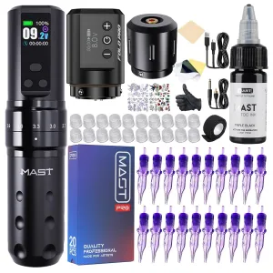 Mast Fold2 Pro Tattoo Kit, Wireless Complete Tattoo Gun Machine Kit, 2 Batteries 2000mAh Power Supply for Long Time, Needles Cartridges Black Tattoo Ink Kit (Black)