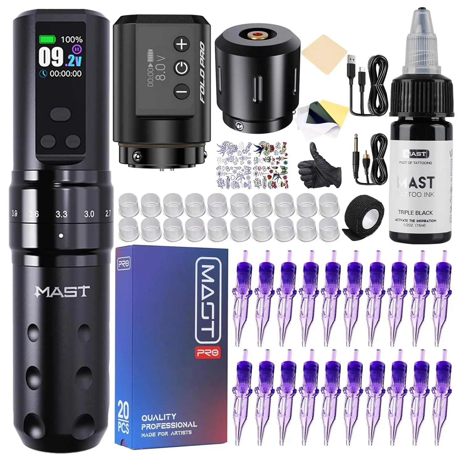 Mast Fold2 Pro Tattoo Kit, Wireless Complete Tattoo Gun Machine Kit, 2 Batteries 2000mAh Power Supply for Long Time, Needles Cartridges Black Tattoo Ink Kit (Black)