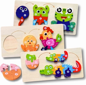 MASTER LEON - Wooden Toddler Puzzles 3-5 Year Old - Montessori Toddler Puzzle - Fine Motor Skills Toy - Animals & Vehicles Learning Games for Ages 3 4 5 (Animals (3pack))