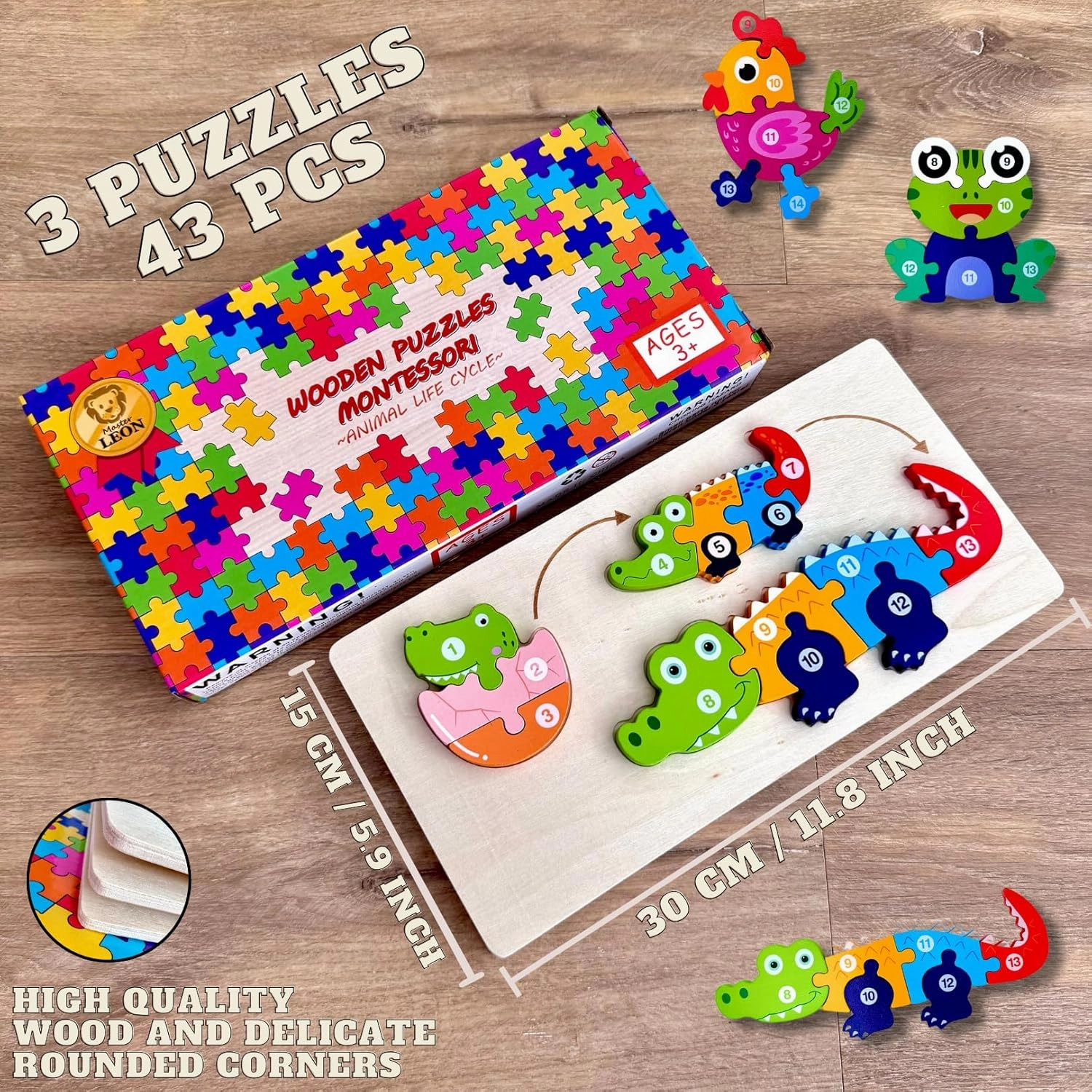 MASTER LEON - Wooden Toddler Puzzles 3-5 Year Old - Montessori Toddler Puzzle - Fine Motor Skills Toy - Animals & Vehicles Learning Games for Ages 3 4 5 (Animals (3pack))