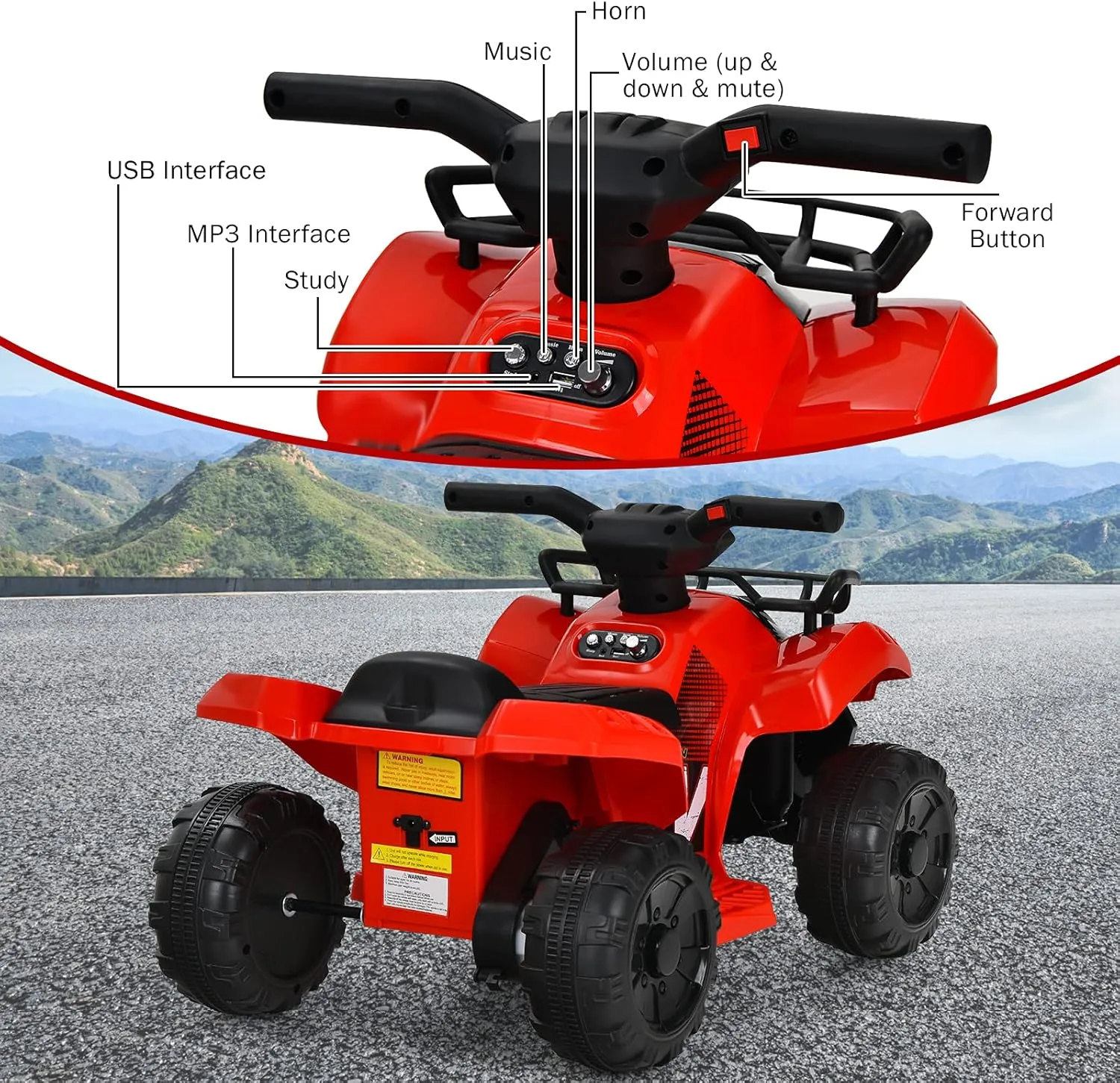 MAT EXPERT Ride On Toys, 6V Battery Powered Electric Car for Kids with Horn & Storage Box, Music, LED Lights, 4 Wheeler Quad Kids ATV for Girls & Boys 18-36 Months (Red)
