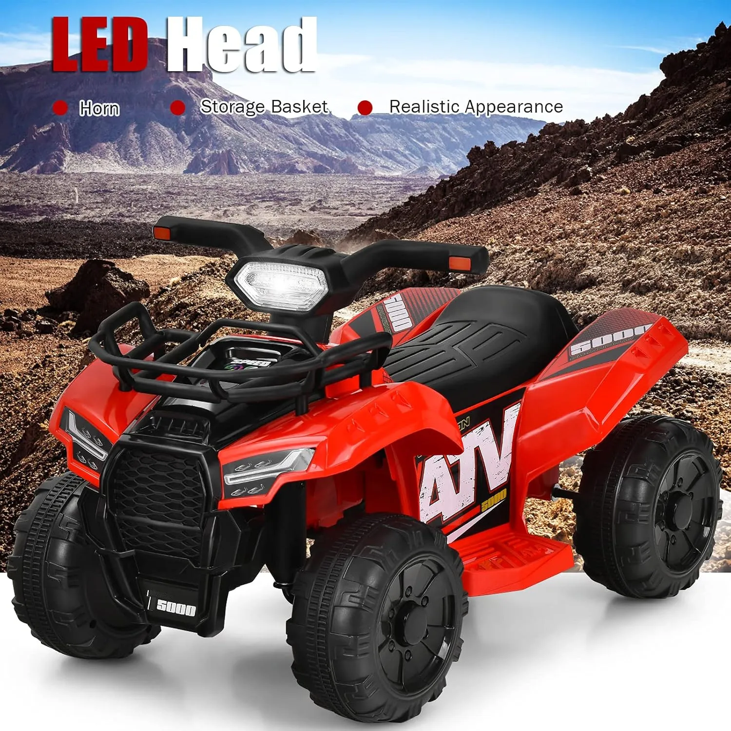 MAT EXPERT Ride On Toys, 6V Battery Powered Electric Car for Kids with Horn & Storage Box, Music, LED Lights, 4 Wheeler Quad Kids ATV for Girls & Boys 18-36 Months (Red)