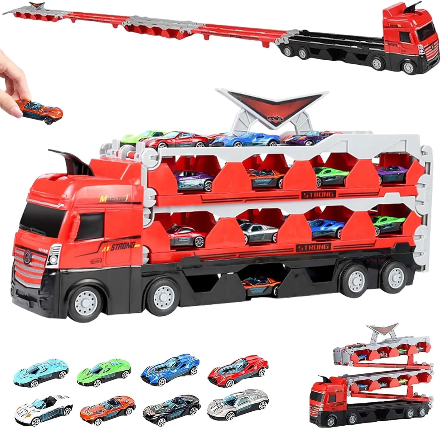 Mega Hauler Truck with Ejection Race Track, 2024 New Transporter Truck Toy Set, Big Truck Folding Storage Race Track Deformation Catapult Alloy Car Toy for Kids Gift (with 8 Racing Cars)