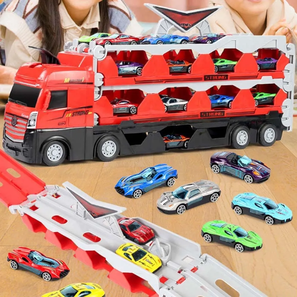 Mega Hauler Truck with Ejection Race Track, 2024 New Transporter Truck Toy Set, Big Truck Folding Storage Race Track Deformation Catapult Alloy Car Toy for Kids Gift (with 8 Racing Cars)