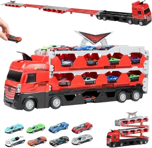 Mega Hauler Truck with Ejection Race Track, 2024 New Transporter Truck Toy Set, Big Truck Folding Storage Race Track Deformation Catapult Alloy Car Toy for Kids Gift (with 8 Racing Cars)