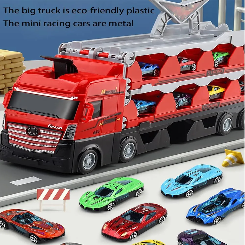 Mega Hauler Truck with Ejection Race Track,Mega Deform Catapulting and Shooting Folding Storage Car Carrier with 8/16/24Metal Car Gift for Kids Boys and Girls Age 3  (8 Alloy car)
