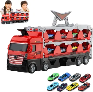 Mega Hauler Truck with Ejection Race Track,Mega Deform Catapulting and Shooting Folding Storage Car Carrier with 8/16/24Metal Car Gift for Kids Boys and Girls Age 3  (8 Alloy car)