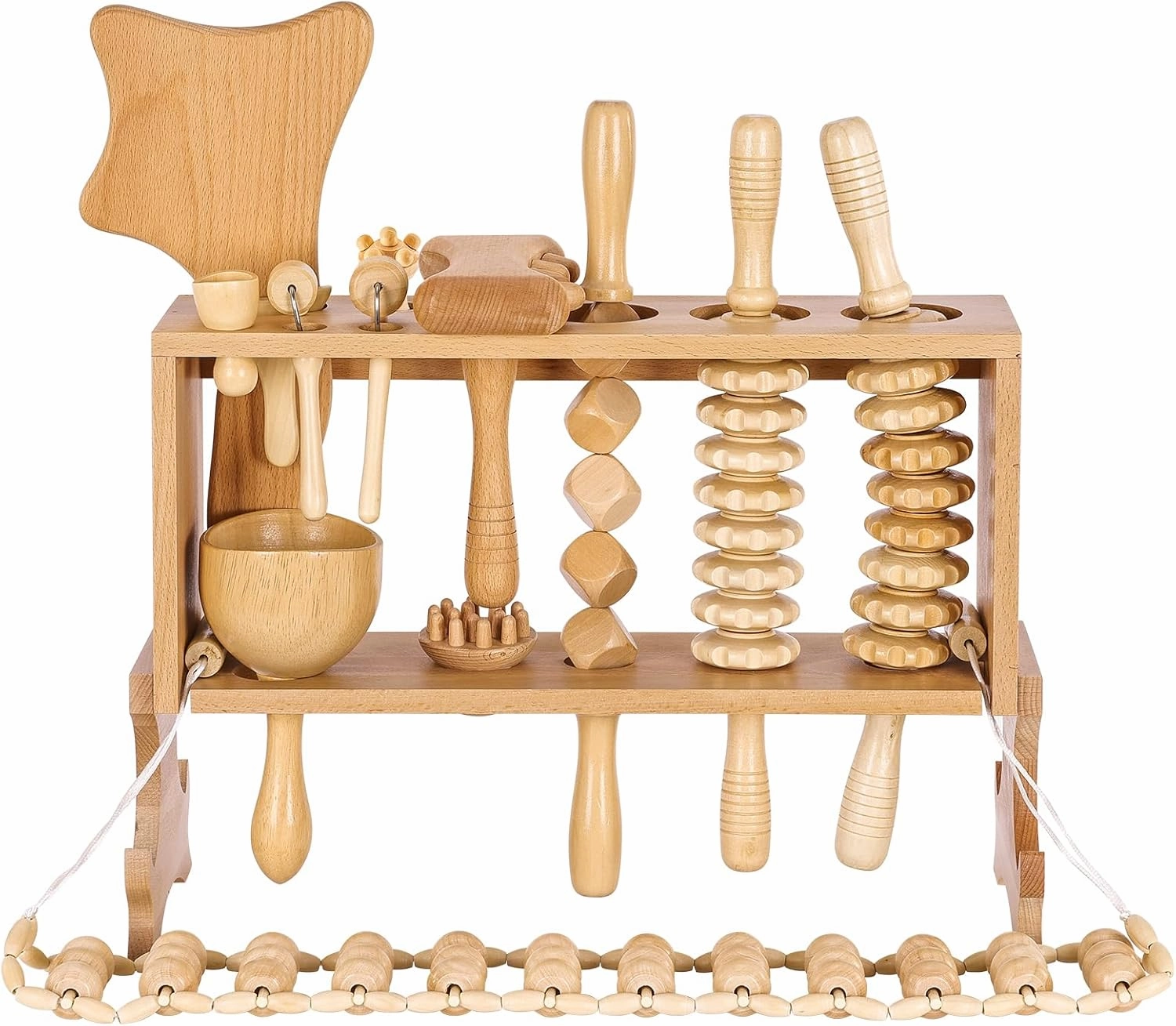 Meifuly 13 in 1 Wood Therapy Massage Tools with Luxury Storage Shelf, Complete Maderotherapia Wooden Massager Kit for Body Shaping, Lymphatic Drainage, Muscle Pain Relief, Anti-Cellulite