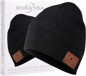 Merino Wool Bluetooth Beanie, Bluetooth 5.2 HD Stereo,24 Hours Play Time,Built-in Microphone, Men's/Women's Christmas Electronic Gift (Black)