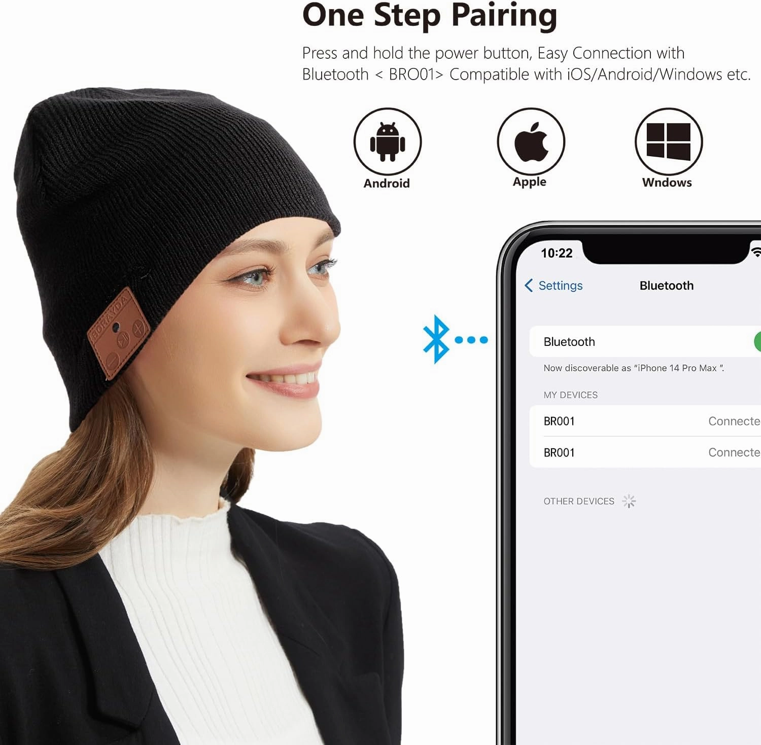 Merino Wool Bluetooth Beanie, Bluetooth 5.2 HD Stereo,24 Hours Play Time,Built-in Microphone, Men's/Women's Christmas Electronic Gift (Black)