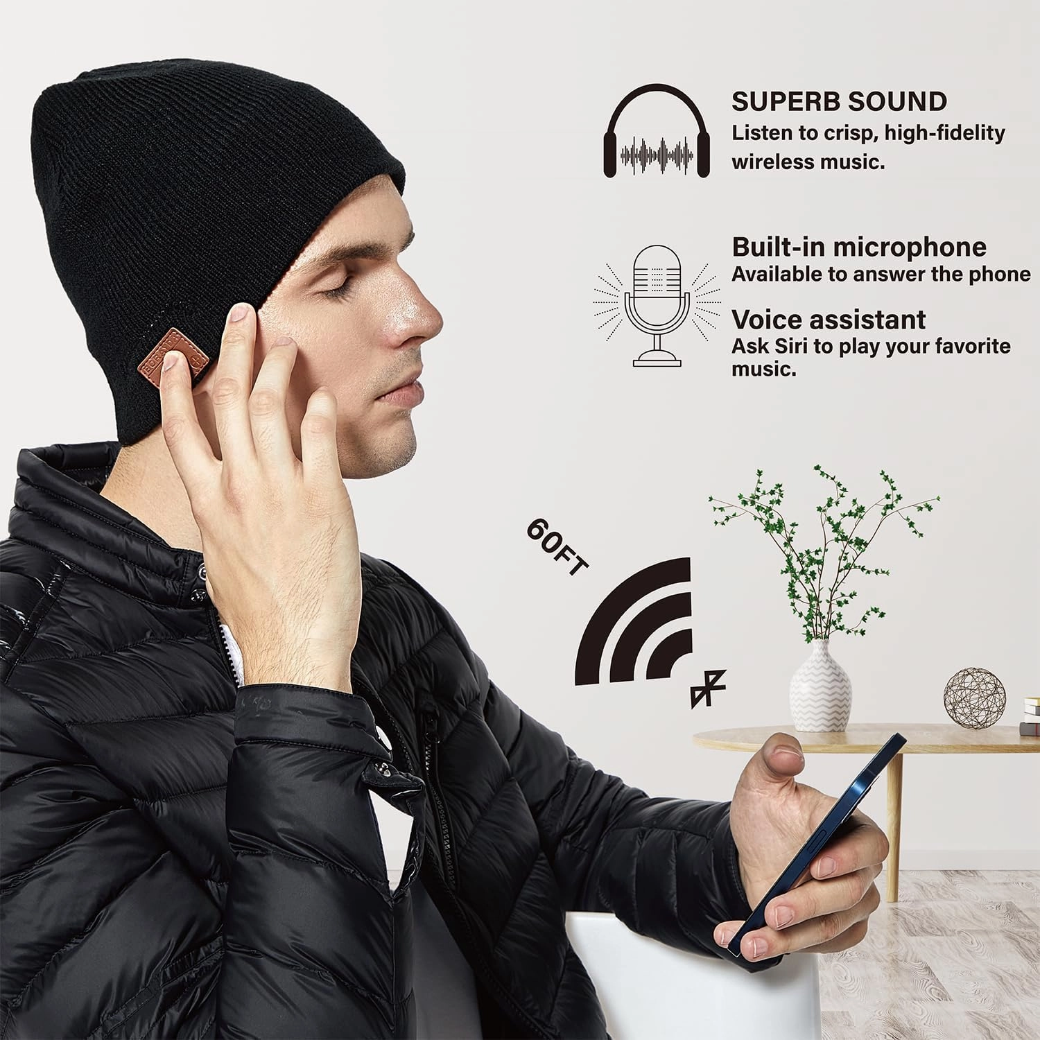 Merino Wool Bluetooth Beanie, Bluetooth 5.2 HD Stereo,24 Hours Play Time,Built-in Microphone, Men's/Women's Christmas Electronic Gift (Black)