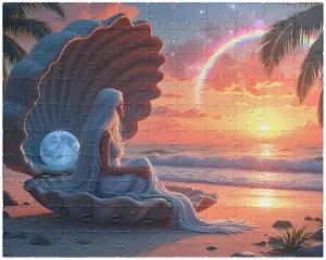 Mermaid Theme Puzzle, Fun Pretty Woman in Moon Seashell Jigsaw, Easy Tropical Rainbow Sunset Beach Game, Hard Challenging Indoor Activity