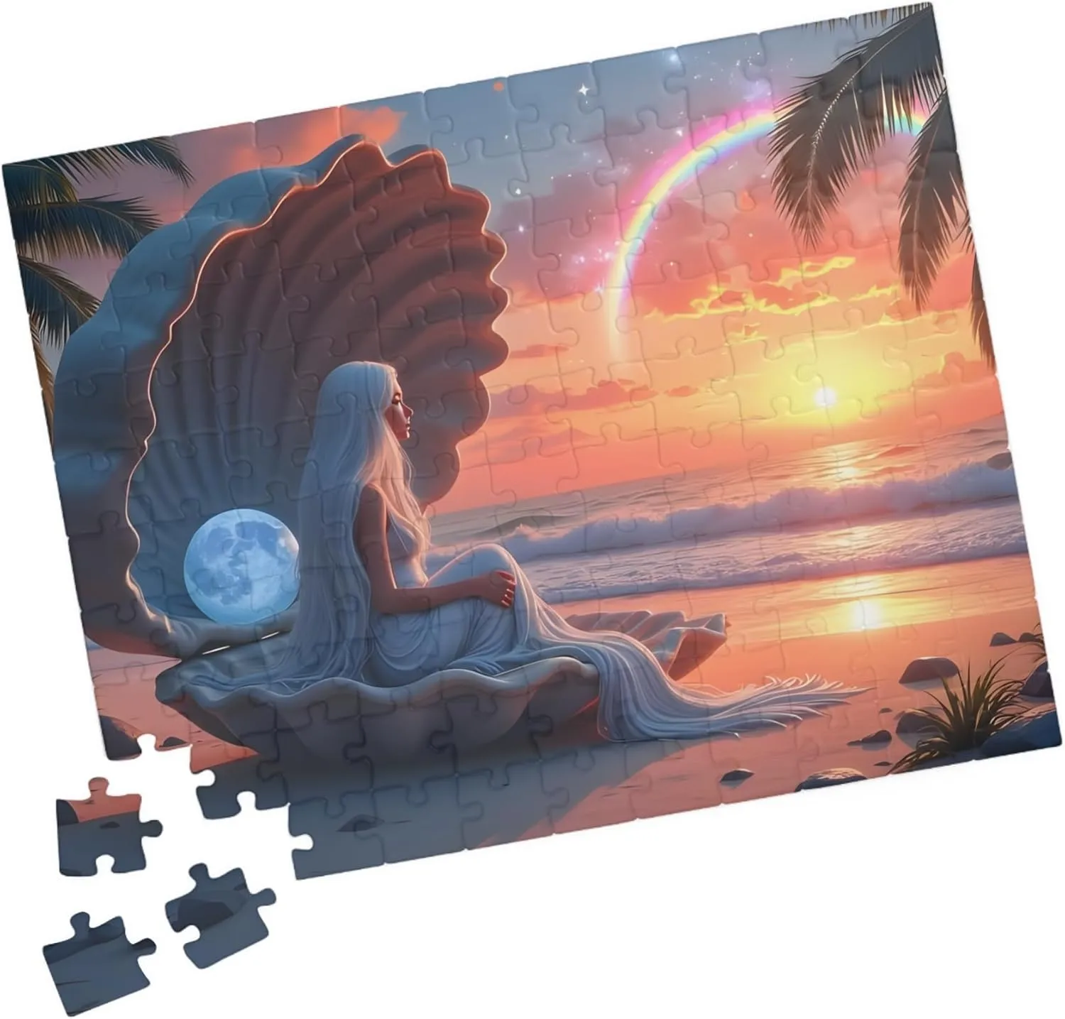 Mermaid Theme Puzzle, Fun Pretty Woman in Moon Seashell Jigsaw, Easy Tropical Rainbow Sunset Beach Game, Hard Challenging Indoor Activity
