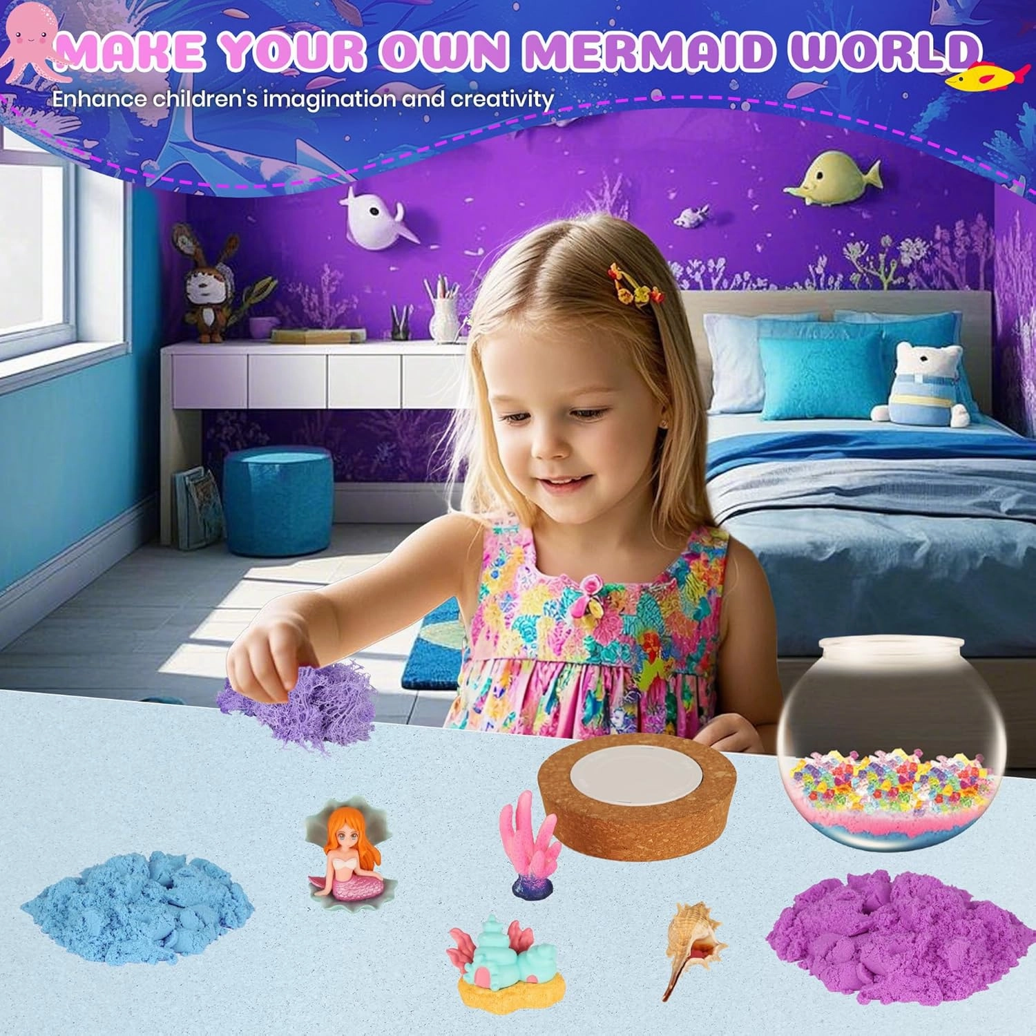 Mermaid Terrarium Craft Kit for Kids - LED Night Light Up & Remote Mermaid Birthday Gifts Toys for Girls Age 5 6 7 8 9 10 11 12 Year Old (Mermaid)