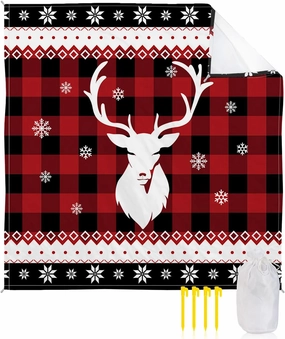 Merry Christmas Elk Beach Blanket, Deer Snowflake Red Buffalo Plaid Check Sandproof Waterproof Outdoor Mat Quick Drying Beach Accessories for Vacation Holiday Picnic Camping, 79"x83" for 1-4 Adults