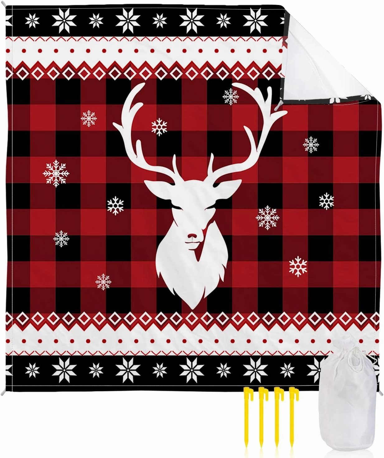 Merry Christmas Elk Beach Blanket, Deer Snowflake Red Buffalo Plaid Check Sandproof Waterproof Outdoor Mat Quick Drying Beach Accessories for Vacation Holiday Picnic Camping, 79"x83" for 1-4 Adults