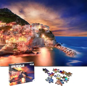 Metallic Foil 1000 Pieces Jigsaw Puzzle for Adults & Kids Landscape Famous Landmark Photo Challenging Puzzle Toys (Manarola, Italy)