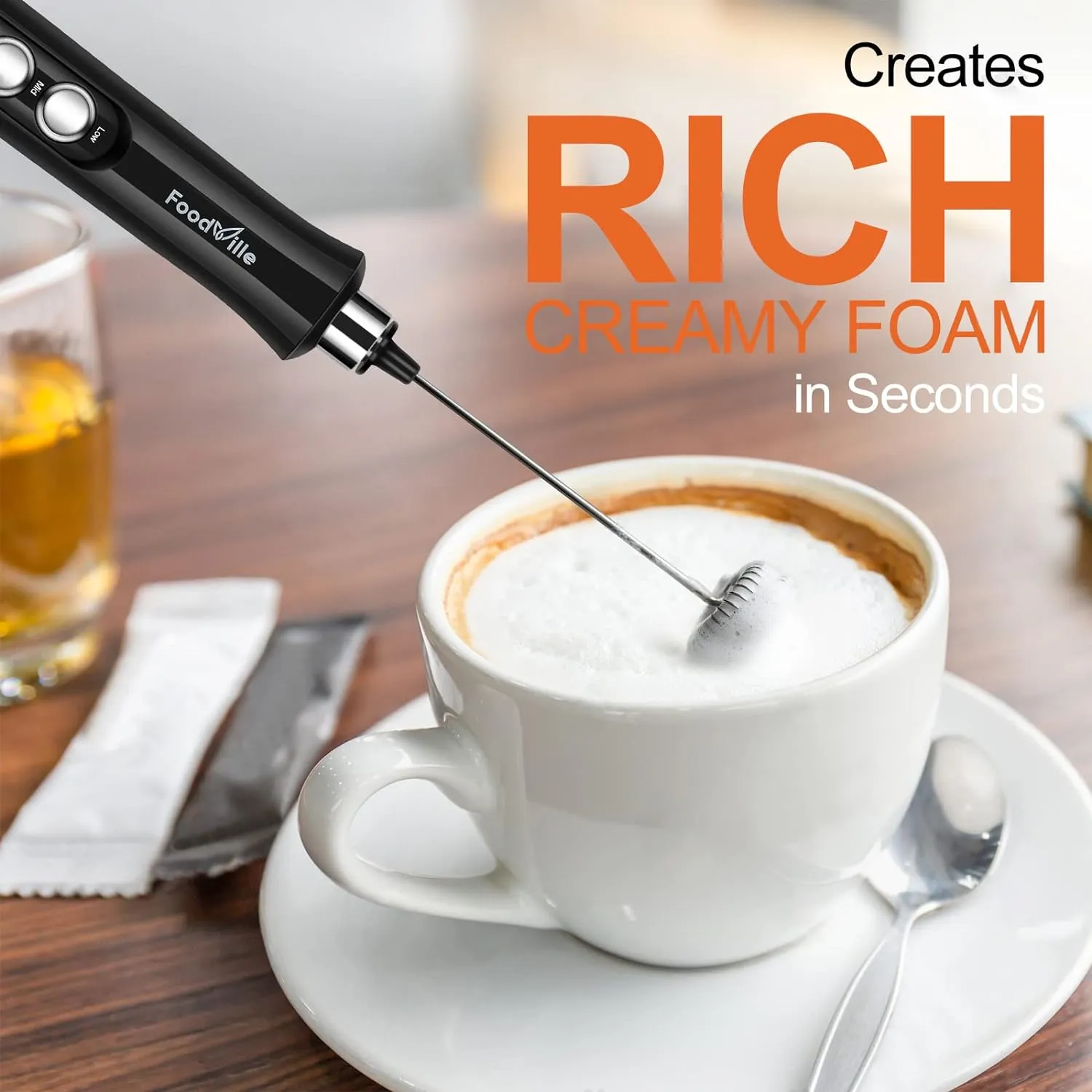 MF02 Rechargeable Milk Frother Handheld Foam Maker with Stainless Whisk for Cappuccino, Latte, Bulletproof Coffee, Keto Diet, Protein Powder, Matcha
