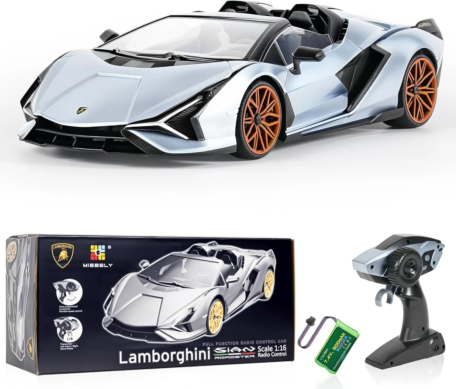 MIEBELY Lamborghini Remote Control Car, 1:16 Scale Lambo Toy Car 7.4V 500mAh Officially Licensed 12Km/h Rc Cars with Led Light 2.4Ghz Model Car for Adults Boys Girls Birthday Ideas Gift (Light Blue)
