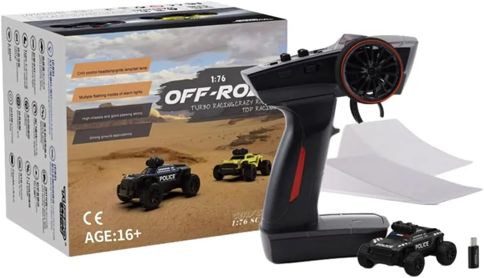 Mini Electric RWD RC Police Truck for Adults, 1:76 Scale 2.4GHz 3CH Turbo Racing Monster RC Truck with LED Lights Off-Road All-Terrain Model for Hobbyist- RTR