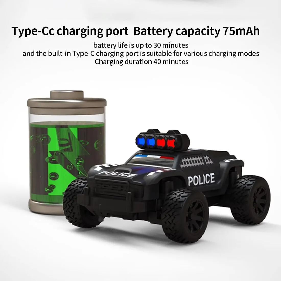 Mini Electric RWD RC Police Truck for Adults, 1:76 Scale 2.4GHz 3CH Turbo Racing Monster RC Truck with LED Lights Off-Road All-Terrain Model for Hobbyist- RTR