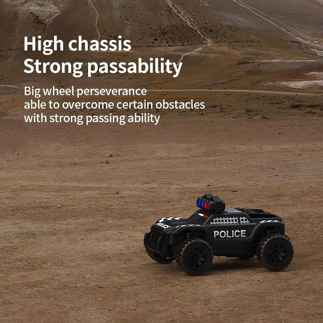 Mini Electric RWD RC Police Truck for Adults, 1:76 Scale 2.4GHz 3CH Turbo Racing Monster RC Truck with LED Lights Off-Road All-Terrain Model for Hobbyist- RTR