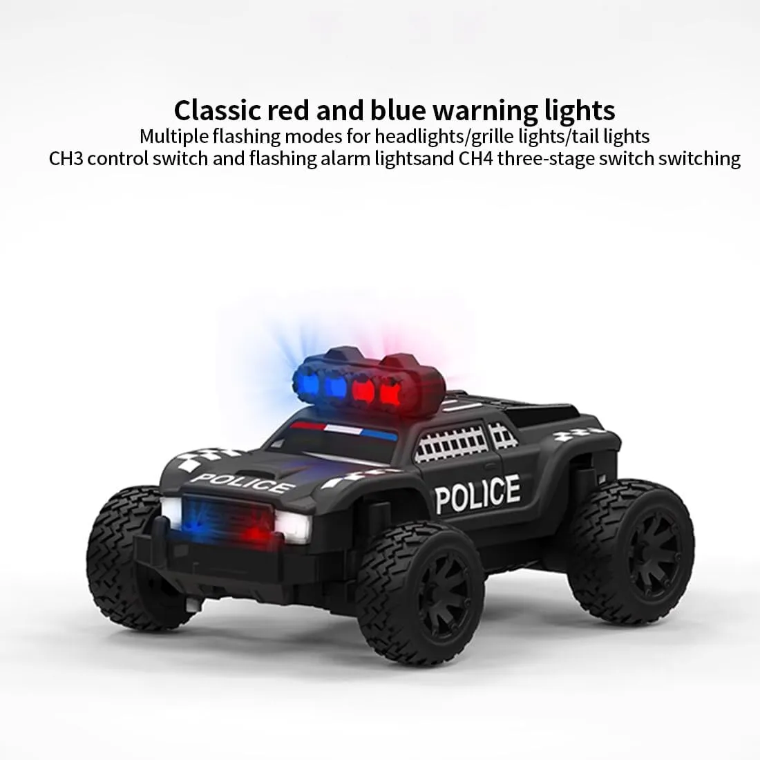 Mini Electric RWD RC Police Truck for Adults, 1:76 Scale 2.4GHz 3CH Turbo Racing Monster RC Truck with LED Lights Off-Road All-Terrain Model for Hobbyist- RTR