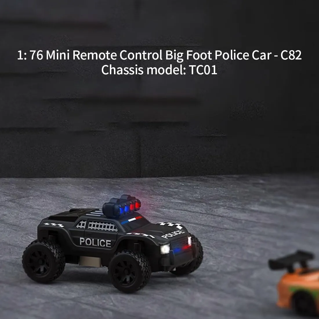Mini Electric RWD RC Police Truck for Adults, 1:76 Scale 2.4GHz 3CH Turbo Racing Monster RC Truck with LED Lights Off-Road All-Terrain Model for Hobbyist- RTR