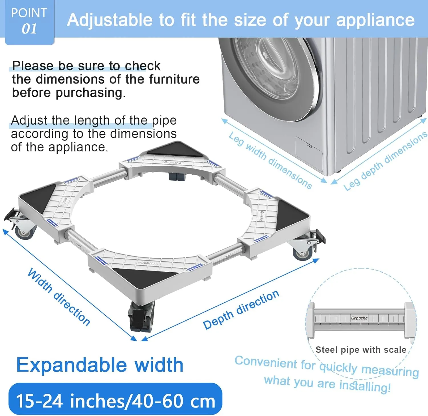 Mini Fridge Stand with 4 Locking Twin Wheels Washing Machine Stand Base Adjustable Furniture Universal Stand Base for Furniture Portable Refrigerator Dryer Stand,Laundry Pedestal 40-60cm(White, 661LB)