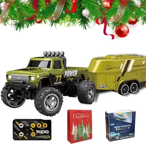 Mini RC Monster Truck With Trailer, 1:64 Scale Remote Control Car With Lights, 2.4Ghz Control, Alloy Semi-Truck, Speed/Steering Adjustable (Green)