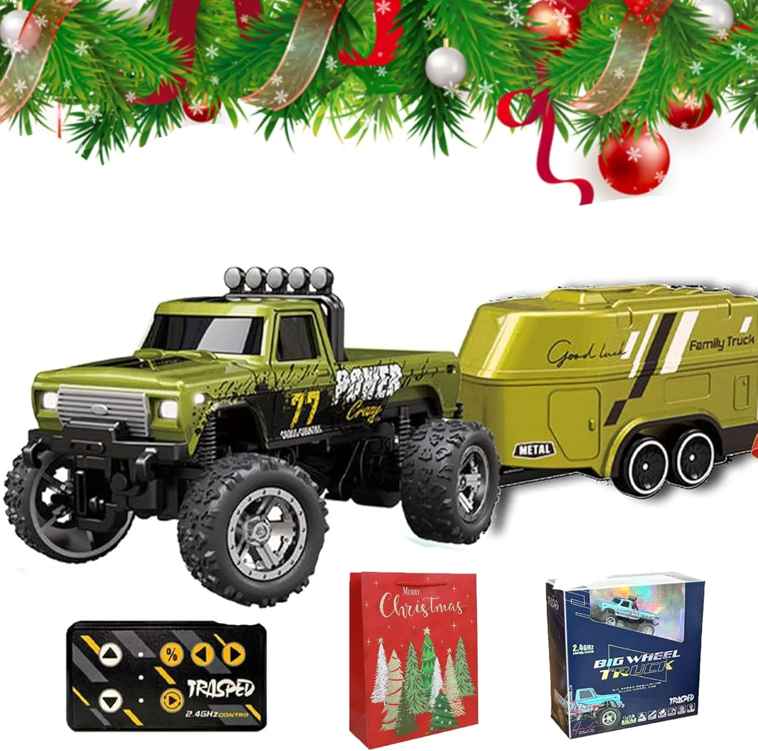 Mini RC Monster Truck With Trailer, 1:64 Scale Remote Control Car With Lights, 2.4Ghz Control, Alloy Semi-Truck, Speed/Steering Adjustable (Green)