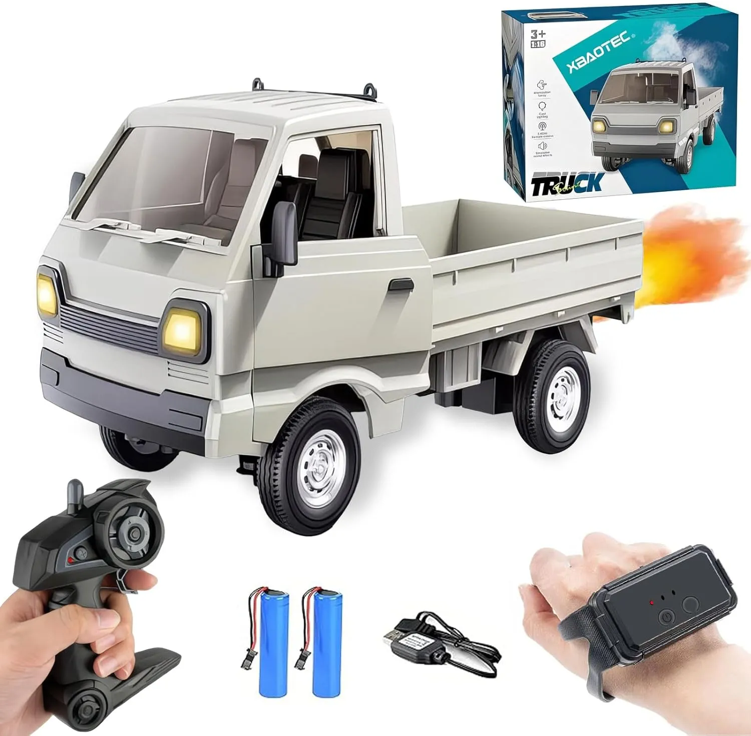 Mini RC Truck for 5-12 Years Old Boys, 1/16 Scale RWD 2.4G Gesture Sensing RC Car with Spray Light and Sound, Remote Control Music Truck for Kids Birthday Gifts (Grey)