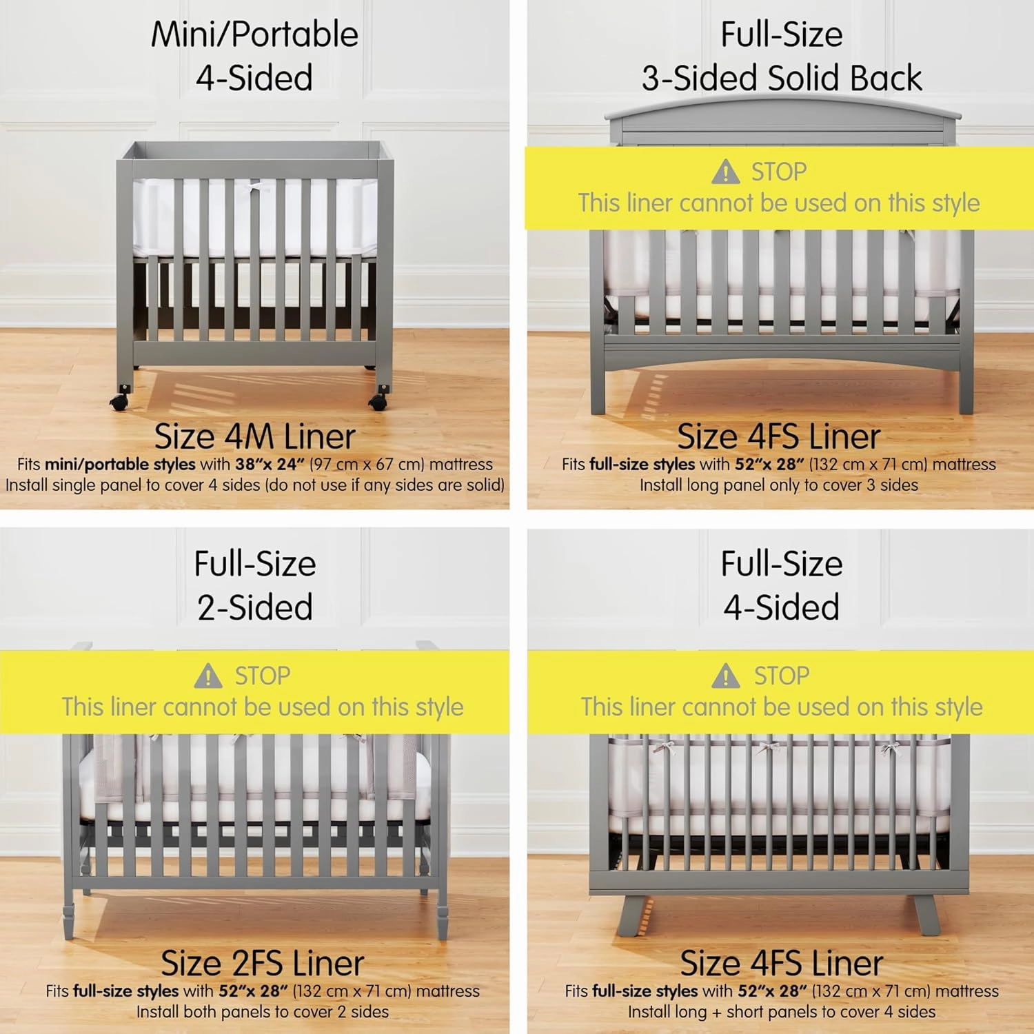 Mini Crib Breathable Mesh Liner by BreathableBaby, Classic 3mm Mesh, Gray, Size 4M Covers 4 Sides FITS MINI CRIBS WITH 38x24” MATTRESS ONLY