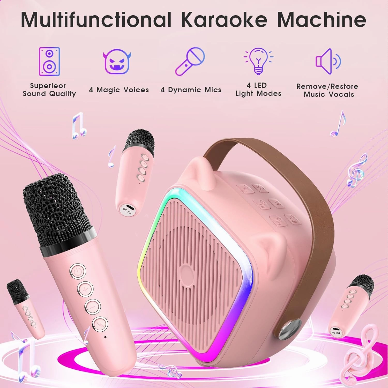 Mini Karaoke Machine for Kids Portable Karaoke Machine with 2 Bluetooth Wireless Microphones,Easter Birthday Gifts Toys for Girls Ages 3, 4, 5, 6, 7, 8, 9,10,11,12  Years Old Toddler (Pink 4 Mics)