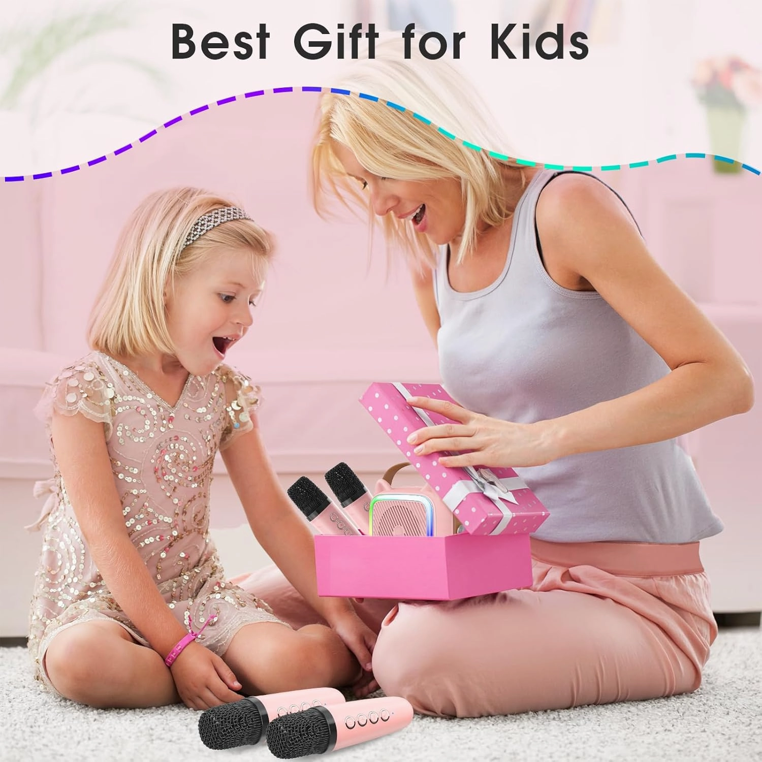 Mini Karaoke Machine for Kids Portable Karaoke Machine with 2 Bluetooth Wireless Microphones,Easter Birthday Gifts Toys for Girls Ages 3, 4, 5, 6, 7, 8, 9,10,11,12  Years Old Toddler (Pink 4 Mics)