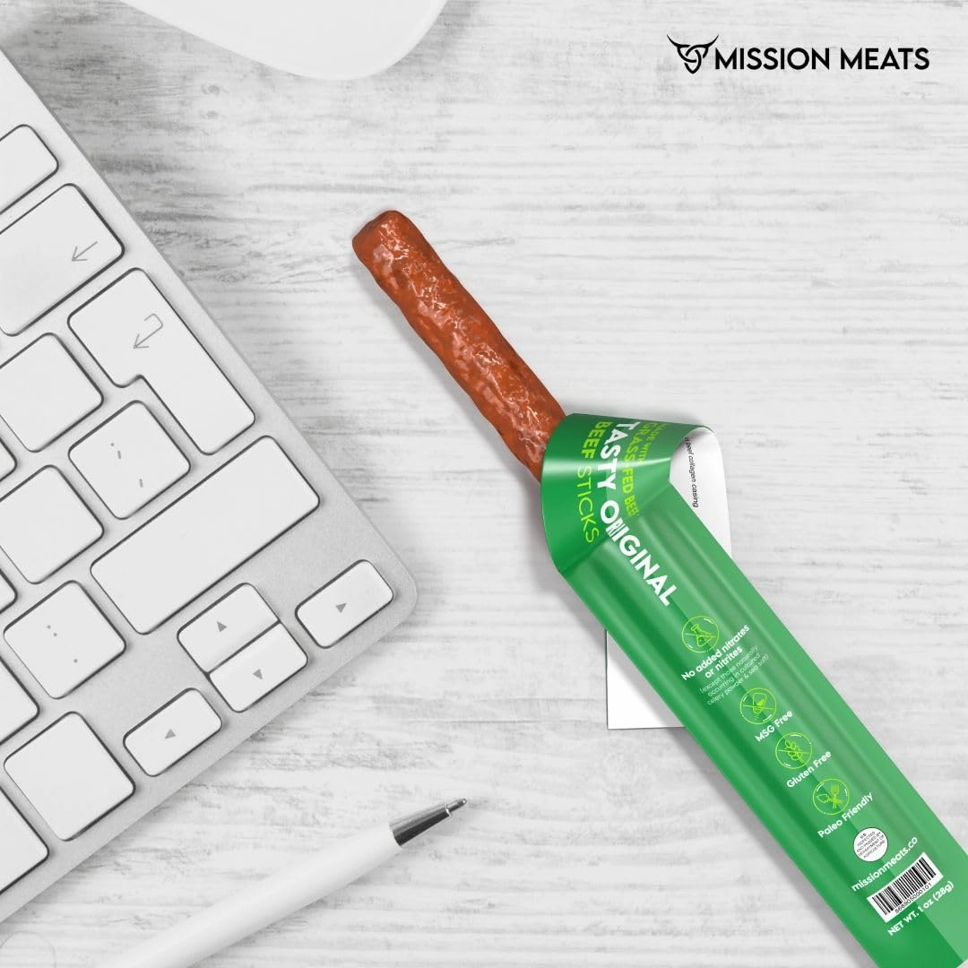 Mission Meats Beef Sticks – 100% Grass Fed & Pasture Raised, Sugar Free, Individually Wrapped Healthy Snacks, Whole 30 & Paleo Friendly, Original 1oz (Pack of 12)