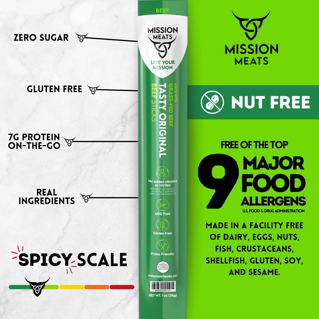 Mission Meats Beef Sticks – 100% Grass Fed & Pasture Raised, Sugar Free, Individually Wrapped Healthy Snacks, Whole 30 & Paleo Friendly, Original 1oz (Pack of 12)