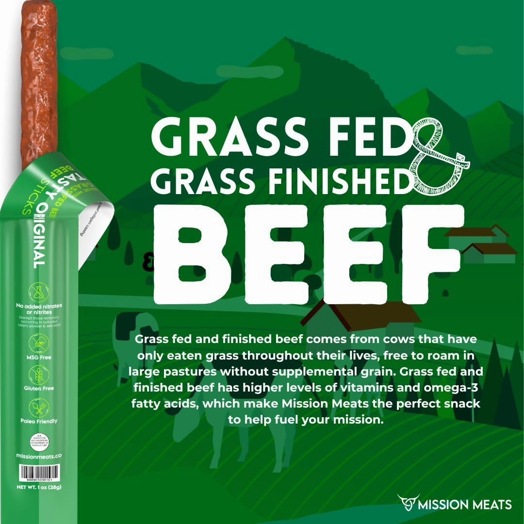 Mission Meats Beef Sticks – 100% Grass Fed & Pasture Raised, Sugar Free, Individually Wrapped Healthy Snacks, Whole 30 & Paleo Friendly, Original 1oz (Pack of 12)
