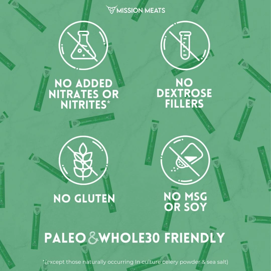 Mission Meats Beef Sticks – 100% Grass Fed & Pasture Raised, Sugar Free, Individually Wrapped Healthy Snacks, Whole 30 & Paleo Friendly, Original 1oz (Pack of 12)