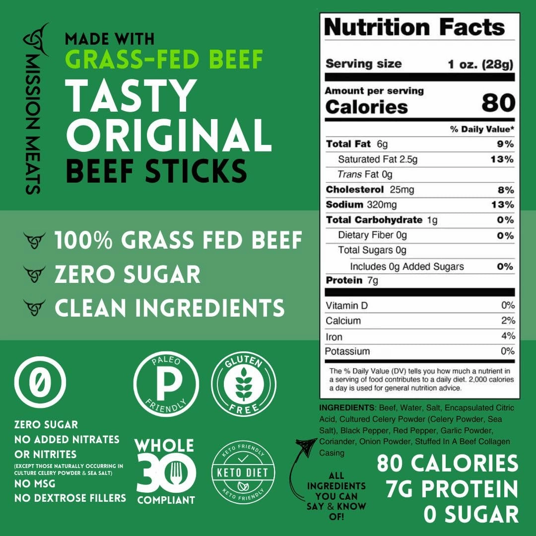 Mission Meats Beef Sticks – 100% Grass Fed & Pasture Raised, Sugar Free, Individually Wrapped Healthy Snacks, Whole 30 & Paleo Friendly, Original 1oz (Pack of 12)