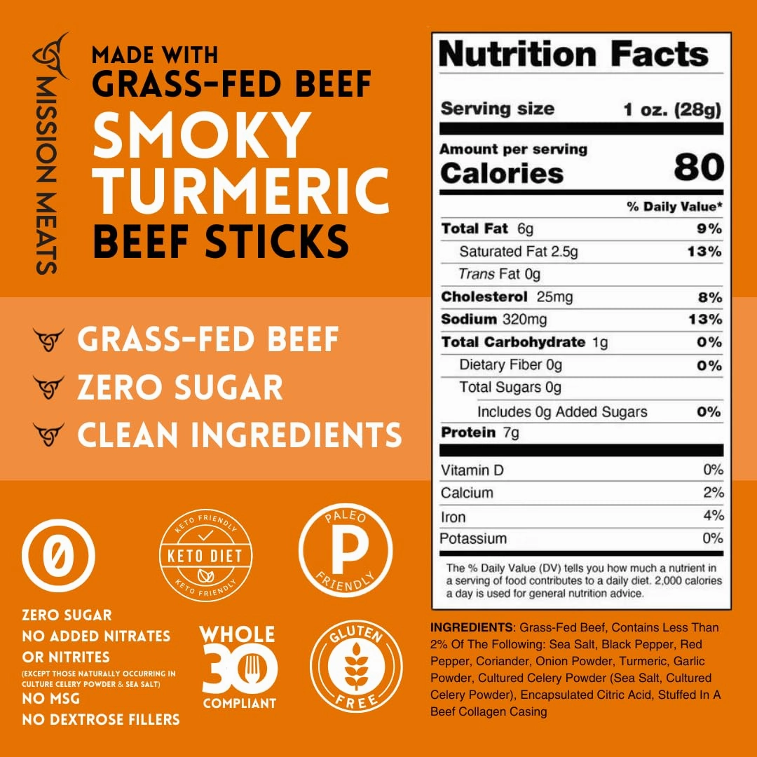 Mission Meats Beef Sticks – 100% Grass Fed & Pasture Raised, Sugar Free, Individually Wrapped Healthy Snacks, Whole 30 & Paleo Friendly, Smoky Turmeric 1oz (Pack of 12)